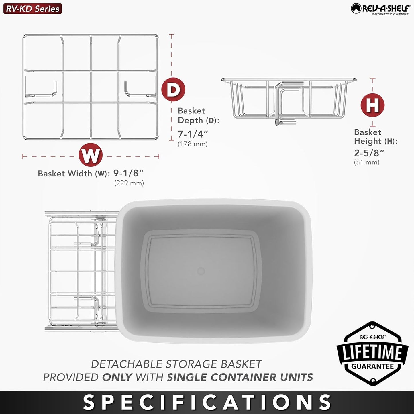 Rev-A-Shelf Pullout Trash Can for Kitchen Cabinets 35 Quart Garbage Waste Recycling Bin with Full Extension Slides, White, RV-12KD-11C