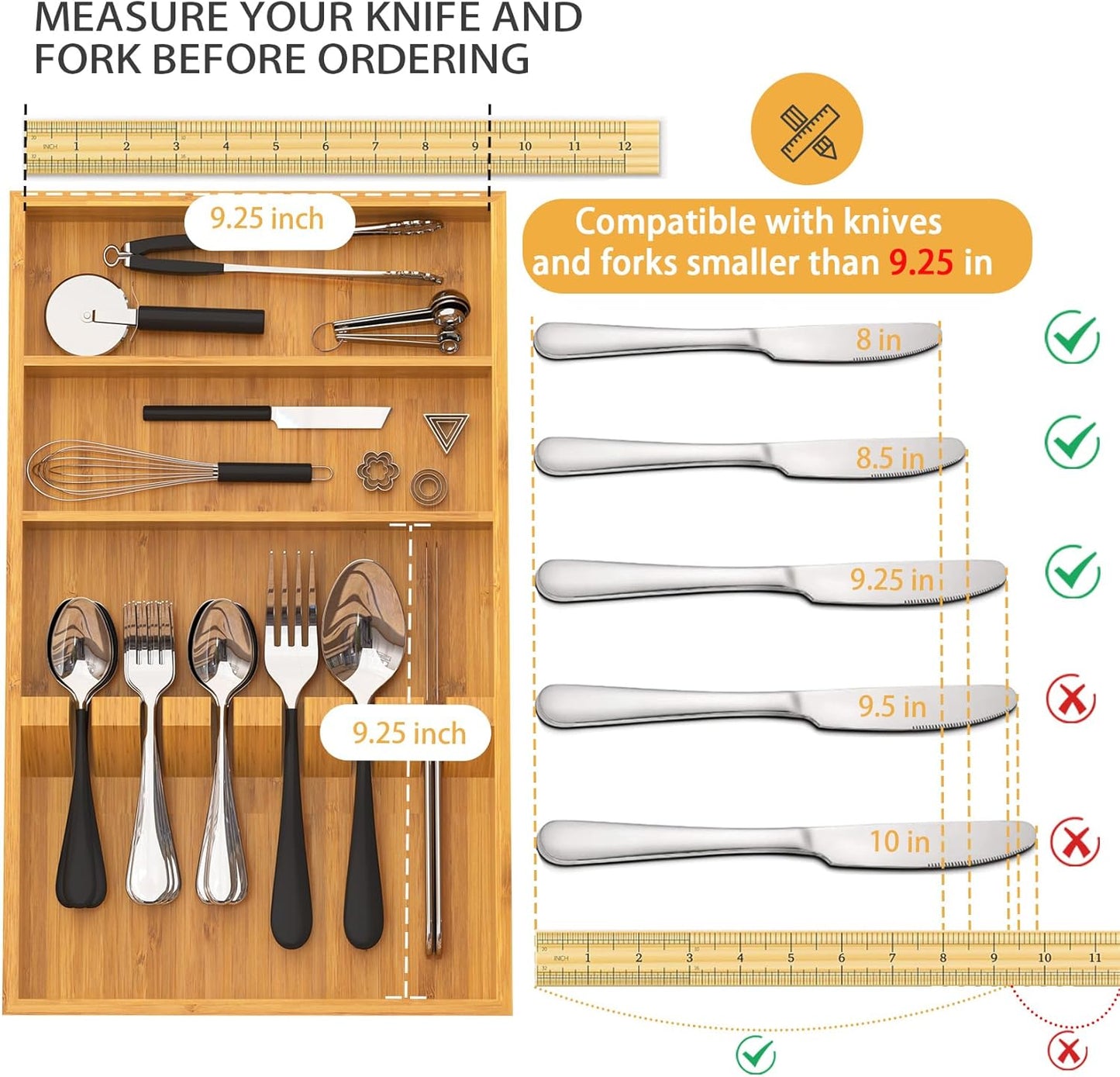 Yofidra Pure Bamboo Silverware Drawer Organizer: 16.53" Lx10 Wx1.93 H Large Silverware Utensil Tray Holder, 3-Compartment with 6 Card Slots Kitchen Flatware Organizer for Spoons Forks Knives
