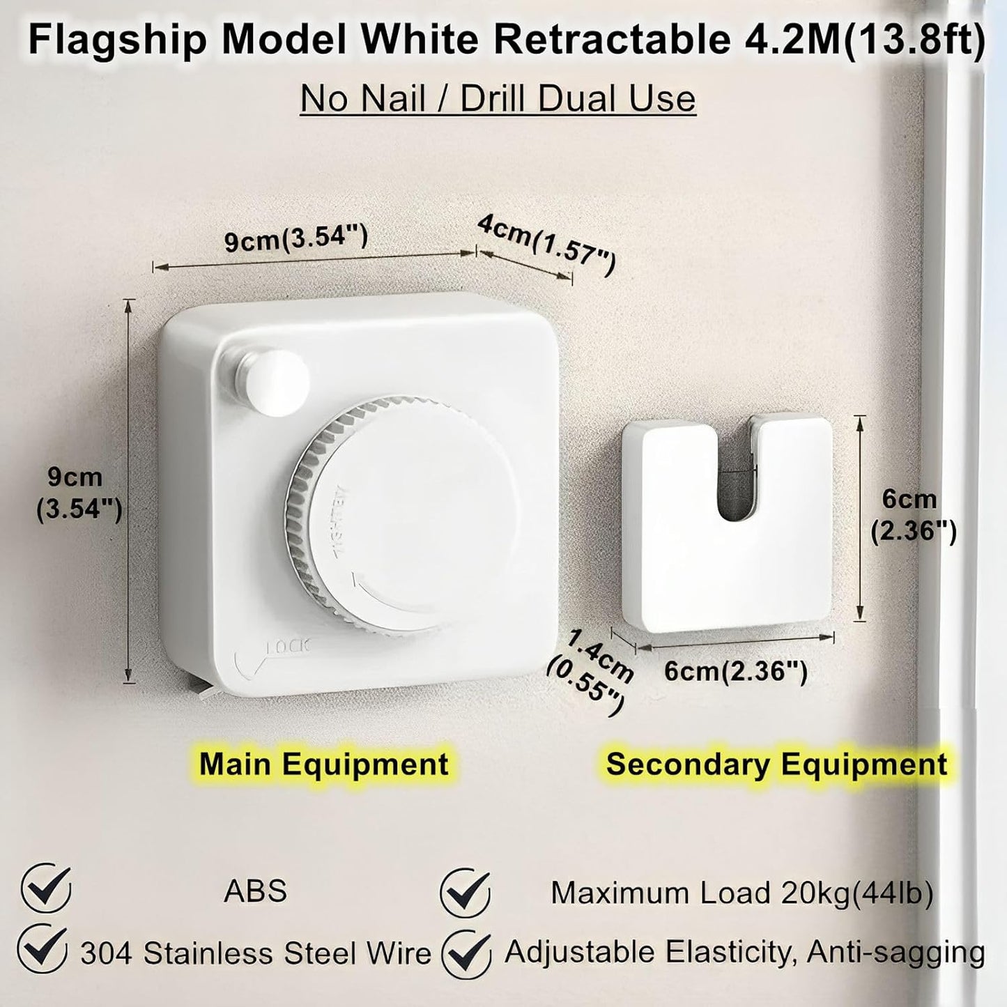 13.8ft(4.2M) Retractable Clothesline, Non-sag Clothesline, Indoor & Outdoor Heavy Duty Retractable Clothesline, Wall Mounted Stainless Steel Washing Line (White)