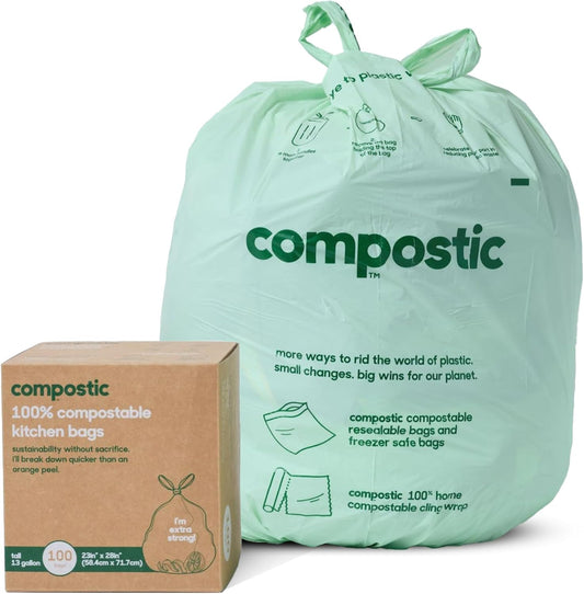 Compostic Home Compostable Trash Bags, 13 Gallon Tall Kitchen Rubbish Bags (23” x 29”), Extra Strong & Quickly Breaks Down, 100 Count