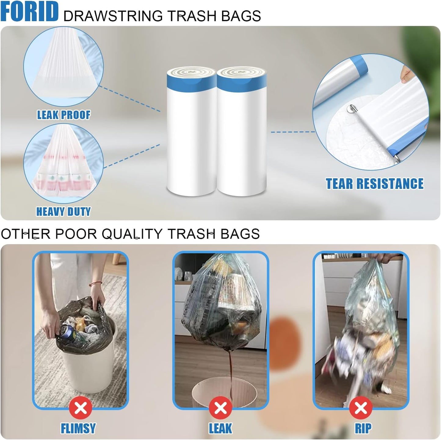 FORID Mini Drawstring Trash Bags - 2 Gallon Small Bathroom Garbage Bags White Plastic Trash Can Liners Disposable Unscented Wastebasket Bags 60 Count for Office bedroom Home 7.5 Liter