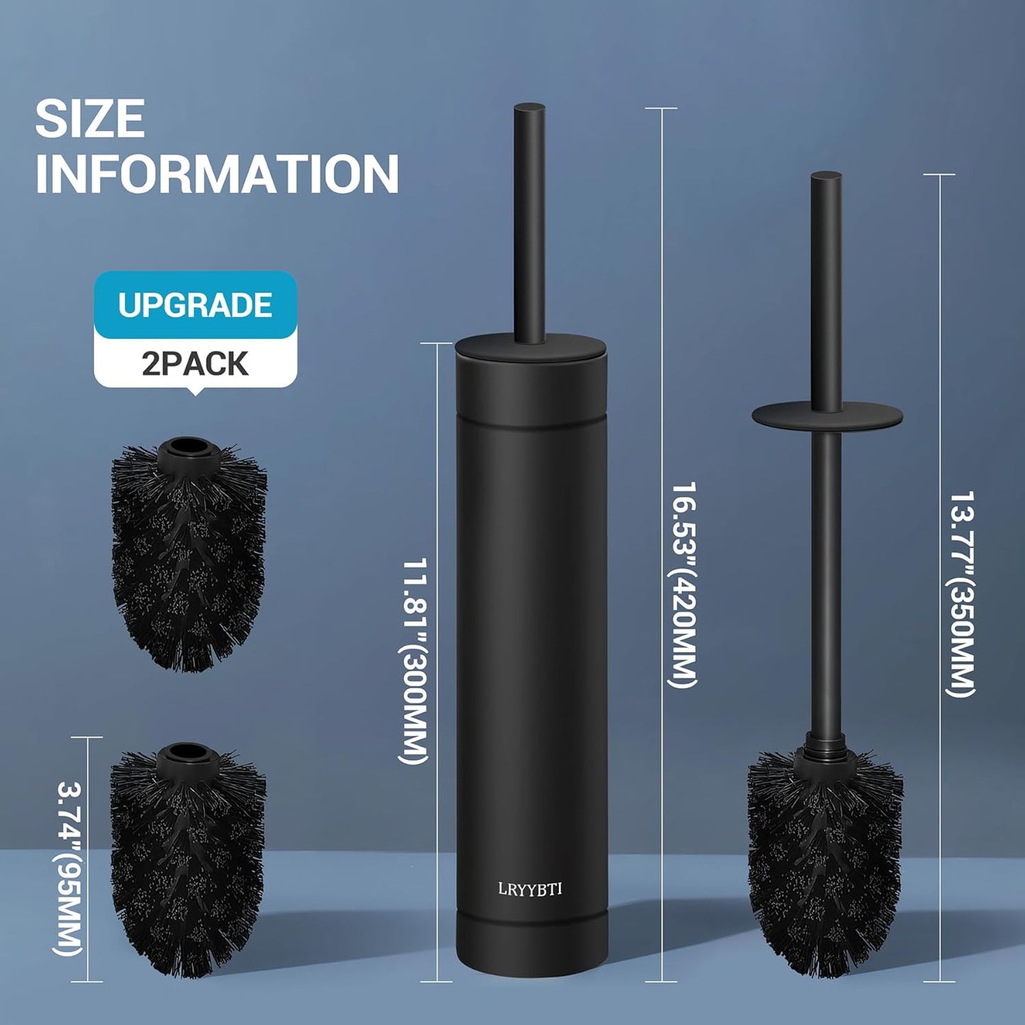 Stainless Steel Toilet Brush with Holder, 2 Black Bristle Heads