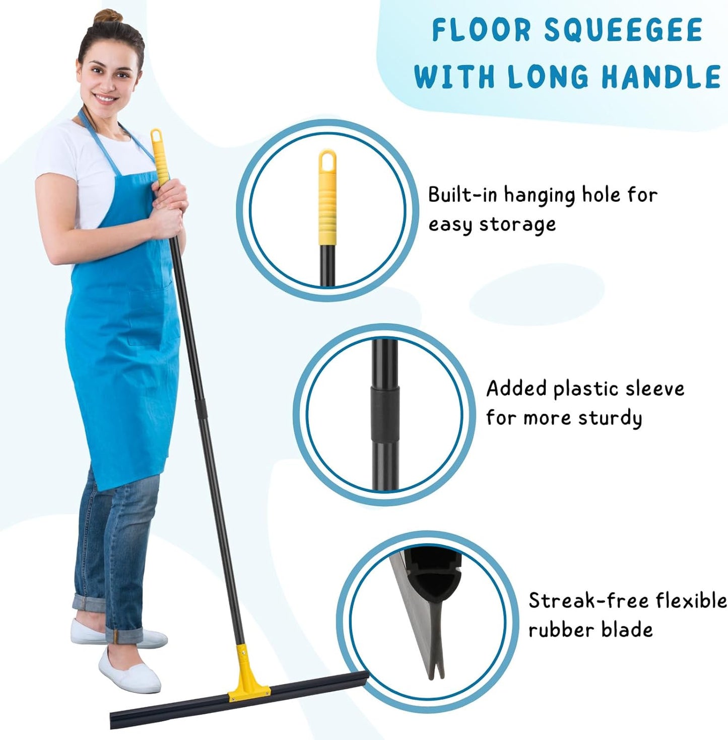 Floor Squeegee for Concrete, 30'' Large Rubber Broom for Tile, 59'' Long Handle Heavy Duty Water Wiper for Garage, Deck