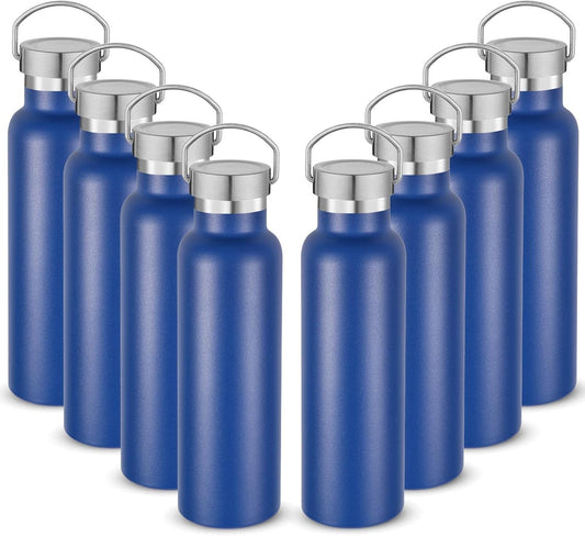 Neihepal 20 oz Insulated Water Bottles Bulk 8 Pack,Stainless Steel Double Wall Sport Bottle with Lid of Handle,Metal Reusable Flask with Cup Cap for School,Hikers,Gift (Navy,Set of 8)