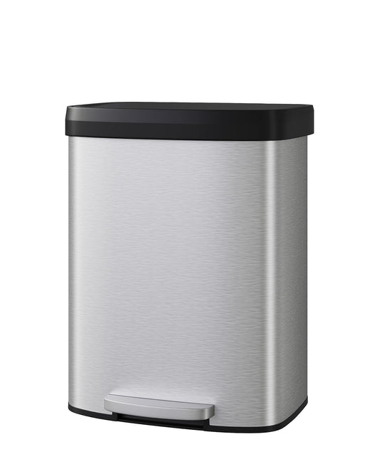 Garvee 16 Gallon / 60 Liter Stainless Steel Trash Can with Lid, Large Garbage Can for Kitchen, Rustproof Step-on Kitchen Metal Trash Bin with Liner Rim, Rear Handle, Soft Close Plastic Lid, Silver