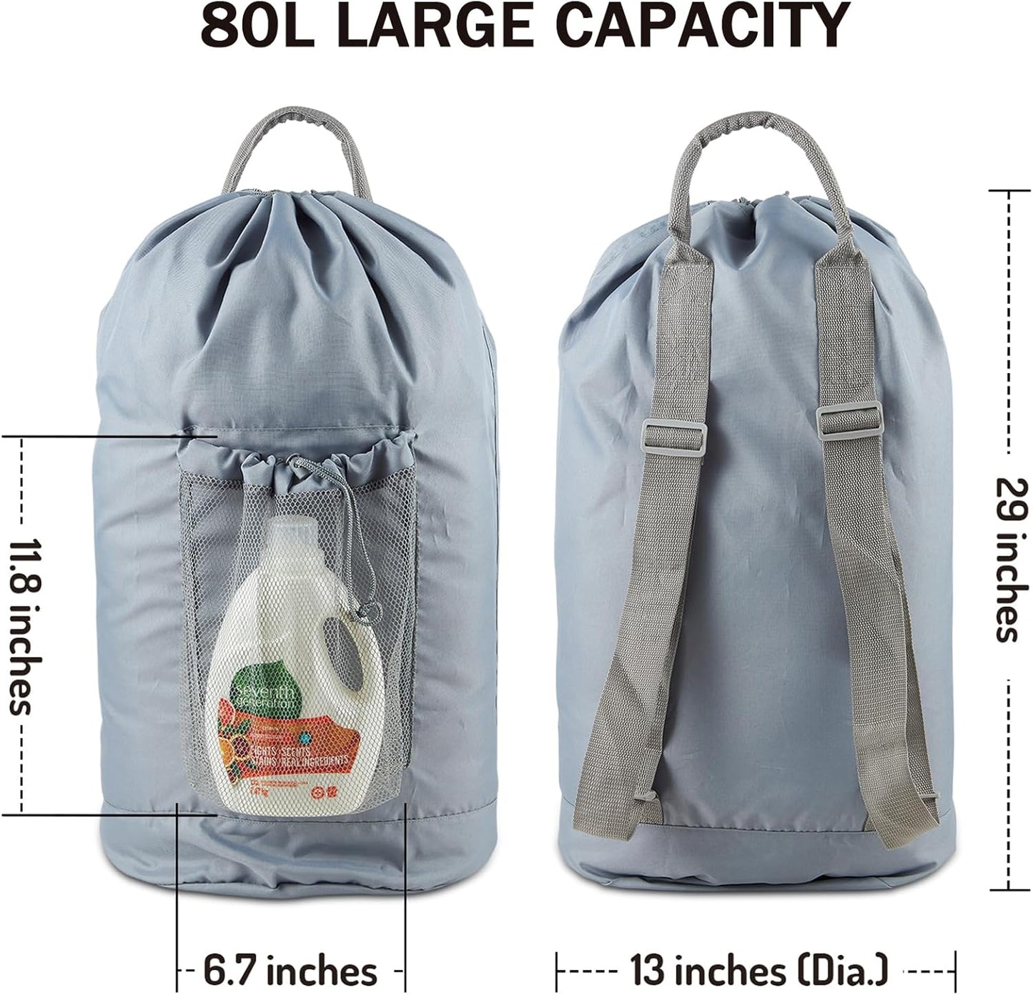 Backpack Laundry Bag, Large Laundry Backpack with Detergent Holder and Adjustable Shoulder Straps for College Travel Dorm Room (Gray)