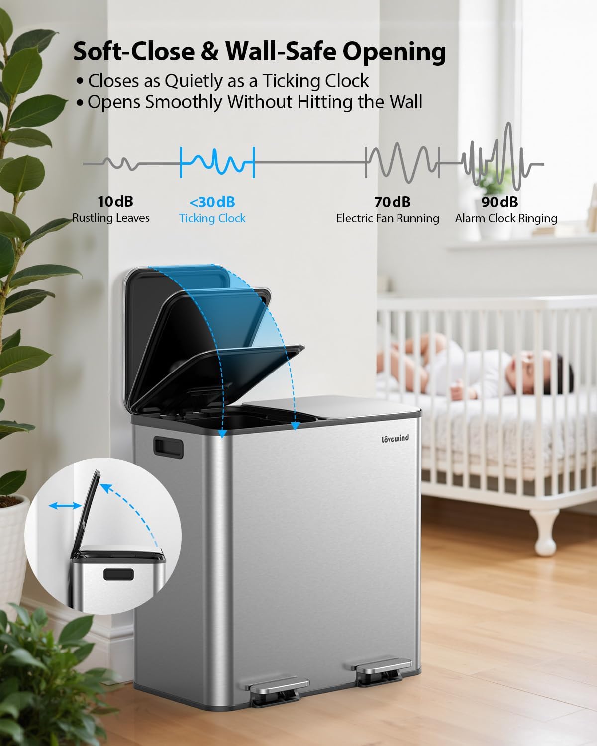 Lovewind Trash Can, 2 x 10.5 Gallon (2 x 40 L) Garbage Can for Kitchen Dual Compartment Recycling Kitchen Step Trash Bin, Stainless Steel Trash and Recycle Bin Combo with Soft-Close Lid, Silver