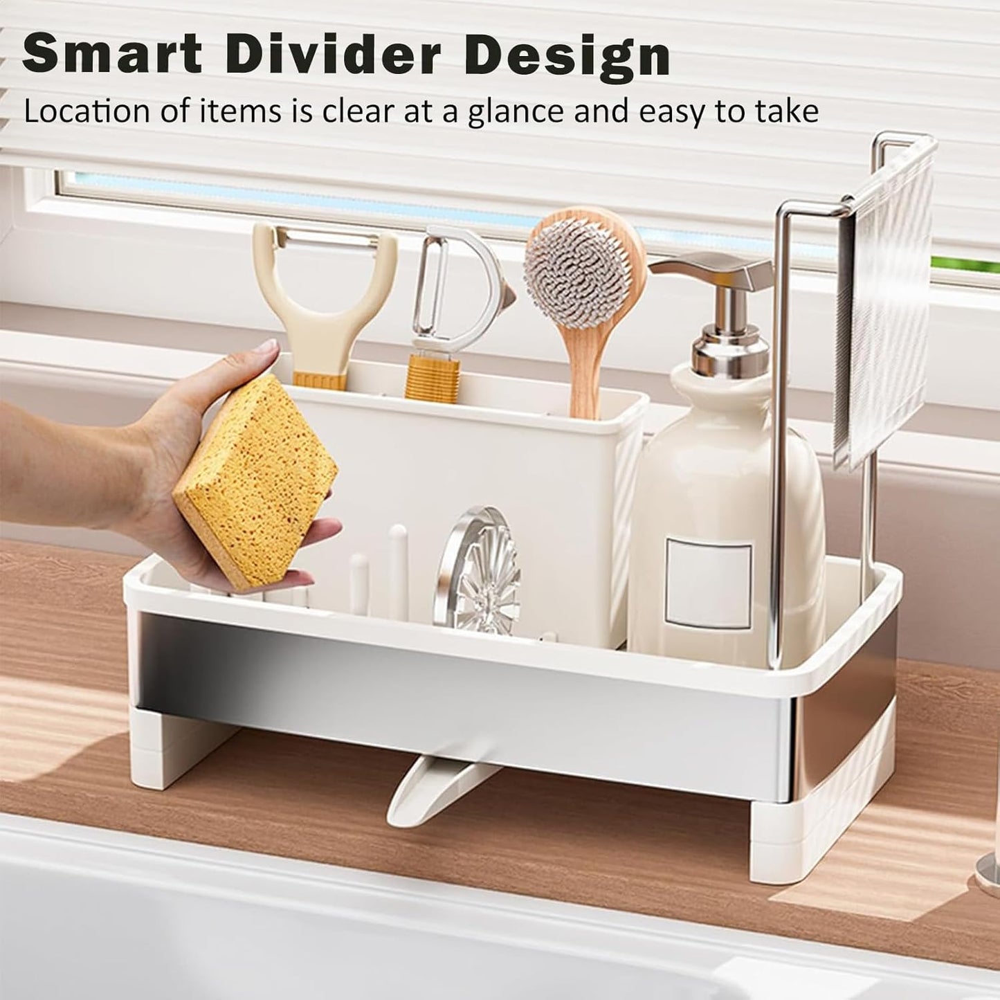 Sponge Holder for Kitchen Sink,Sink Caddy Organizer with Removable Brush Holder,Kitchen Countertop Soap Dispenser Storage with Detachable Towel Rack,White