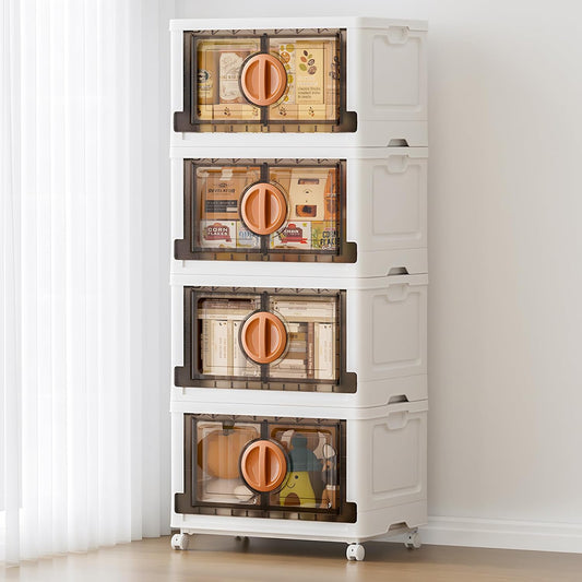 JEKO&JEKO 332Qt Lockable Stackable Storage Bins with Lids, Collapsible Closet Organizer with Wheels, Plastic Cabinet Drawer for Clothes, Dorm Room 4 Pack (White)