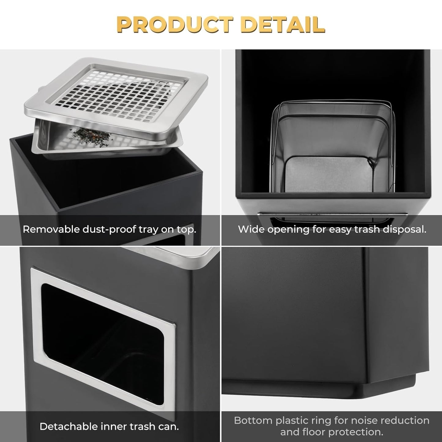 Trash Can Outdoor Waste Container Square Stainless Steel Trash Can with Removable Inner Bucket for Disposal Commercial Waste Container 9.45‘’ x 9.45‘’ x 24.02‘’-Black