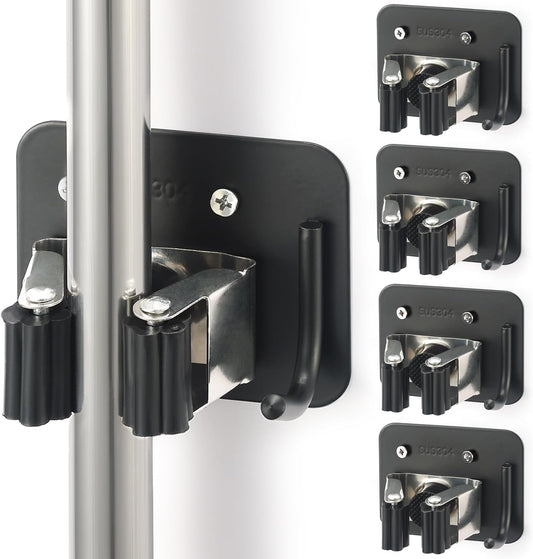 Broom Holder Wall Mount Screw Drilling, Sturdy Heavy Duty Stainless Steel Mop Gripper Rack Perforated, Perfect for Laundry Room Organizer, Fit with Laundry Kitchen Garage Garden Storage System