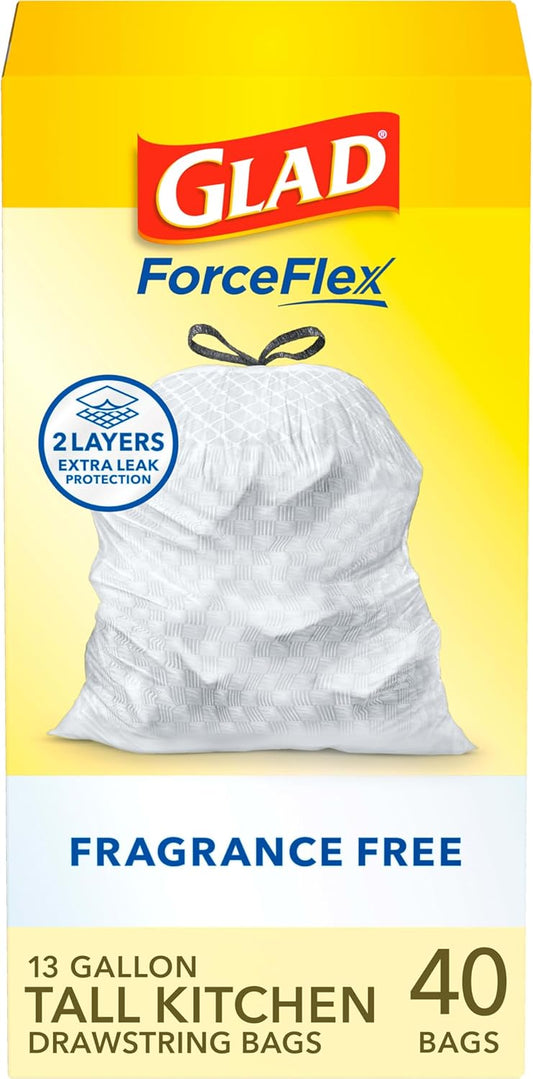 Glad ForceFlex Tall Kitchen Drawstring Trash Bags, 13 Gal, Fragrance Free, 40 Ct (Package May Vary)