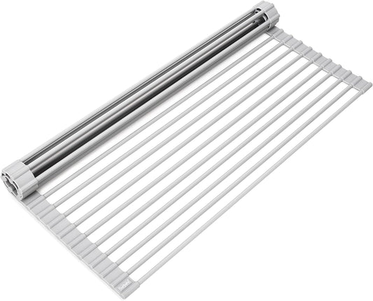 Surpahs Over Sink Foldable Multipurpose Roll-Up Dish Drying Rack, Silicone Wrapped Stainless Steel, Warm Gray, 20.5" x 15.5"