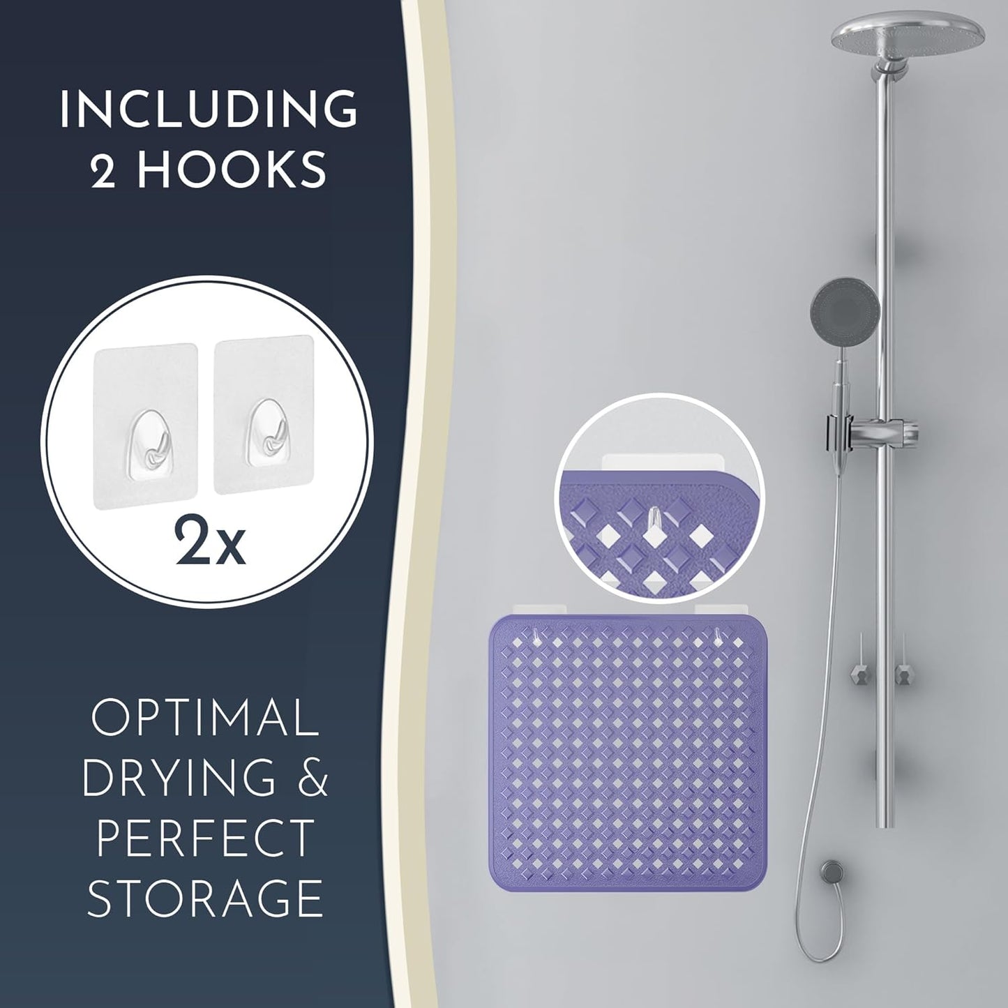 Homerella Anti Slip Shower Mat | Anti Mold Non Slip Bathtub Mat for Inside Shower | Square Floor Shower Mat 21 x 21 inch with Suction Cups for Grip & Hooks Hanging and Quick Drying | Machine Washable