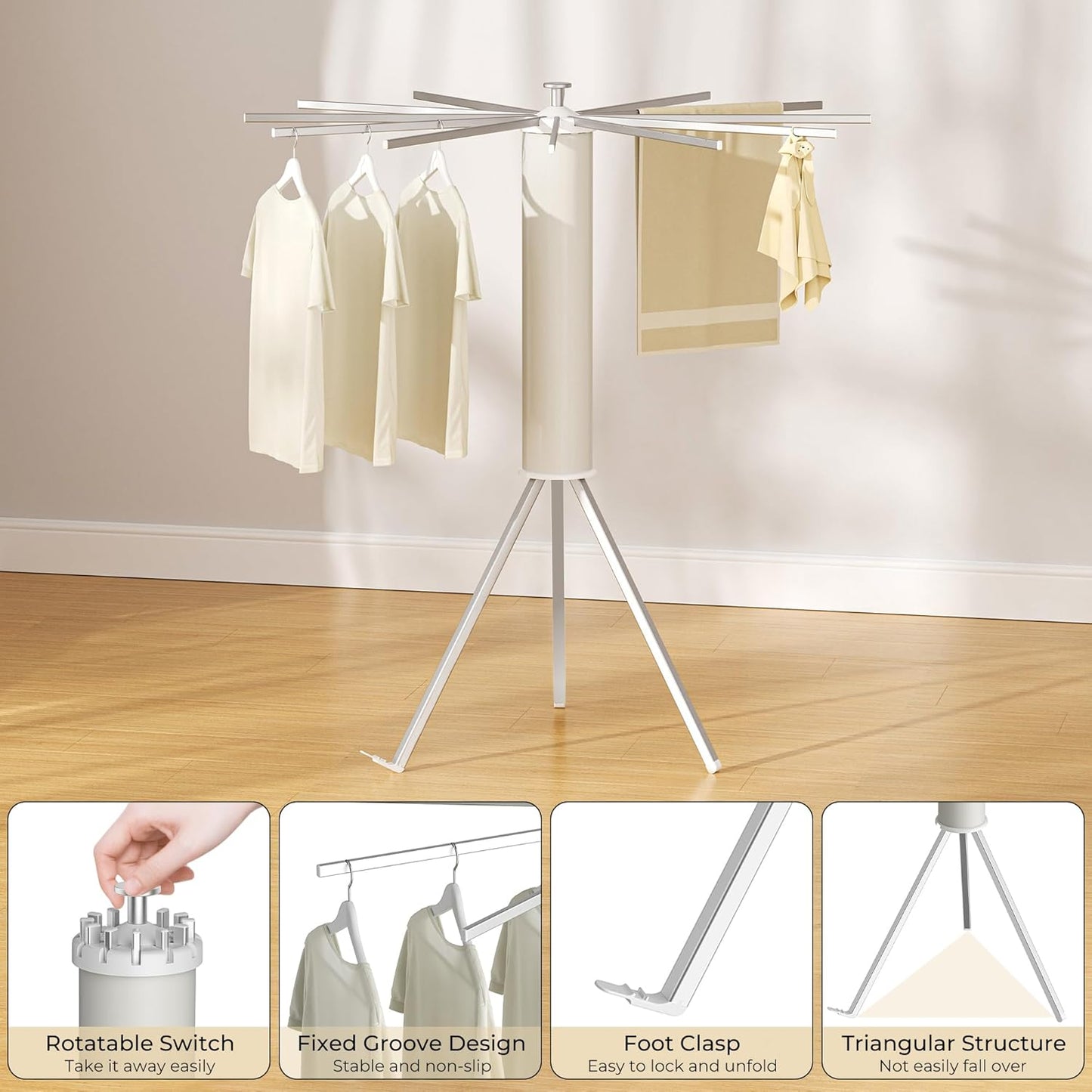 Tripod Clothes Drying Rack, Garment Rack Portable and Foldable Space Saving Laundry Drying Rack - Dryer Rack Clothing Floor Folding Balcony Bedroom Household (Silver(Aluminum), 12 rods)