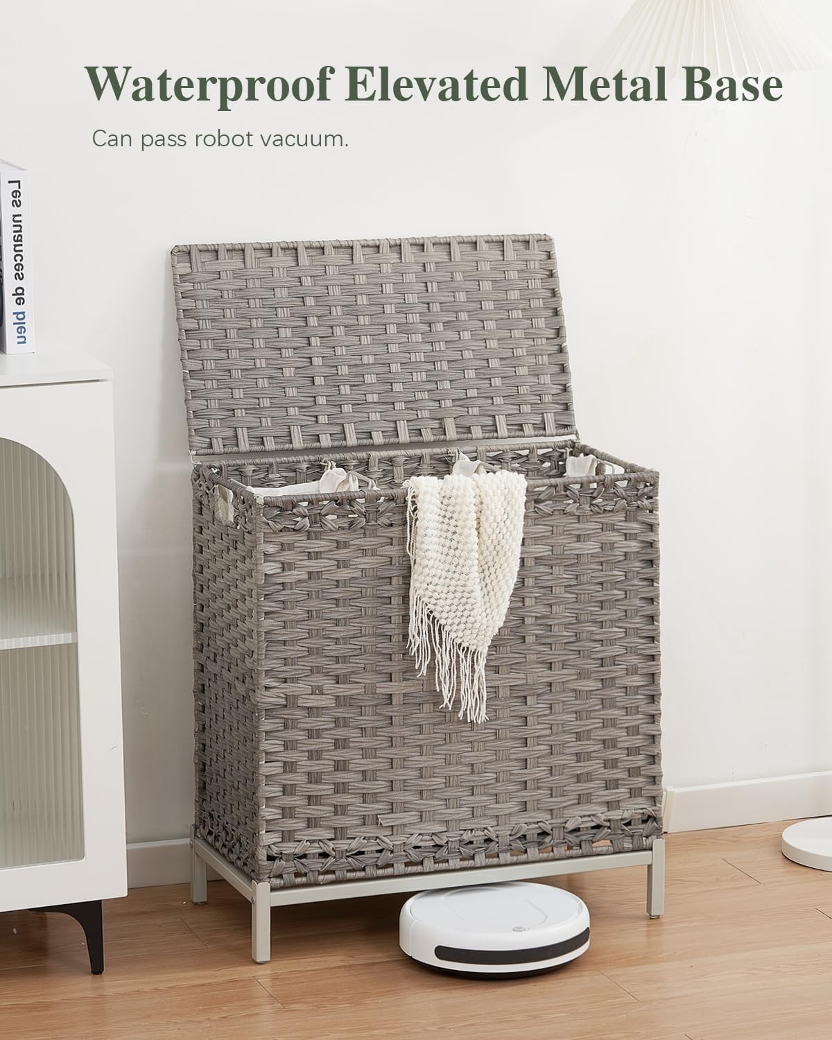 Laundry Hamper with Lid 132 L, (35 Gallons) Clothes Hamper with Lid, Handwoven Rattan Laundry Hamper with Metal Heightened Feet, Laundry Hampers with 3 Removable Liner Bags for Laundry-Gray