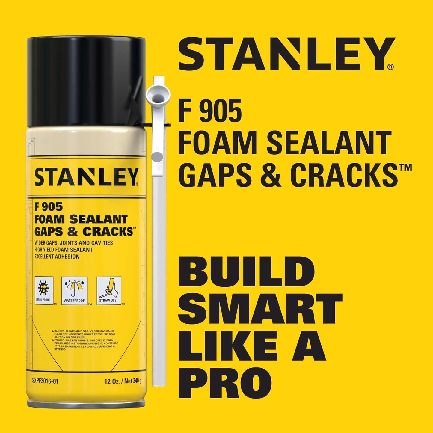 Stanley F905 Gaps & Cracks Sealant (1x12 Oz.) – Polyurethane Spray Foam Insulation for Window & Door, Waterproof Gap Filler, Low Expansion Foam for Indoor & Outdoor Use | Straw Use | 12 Oz. 1 Pack