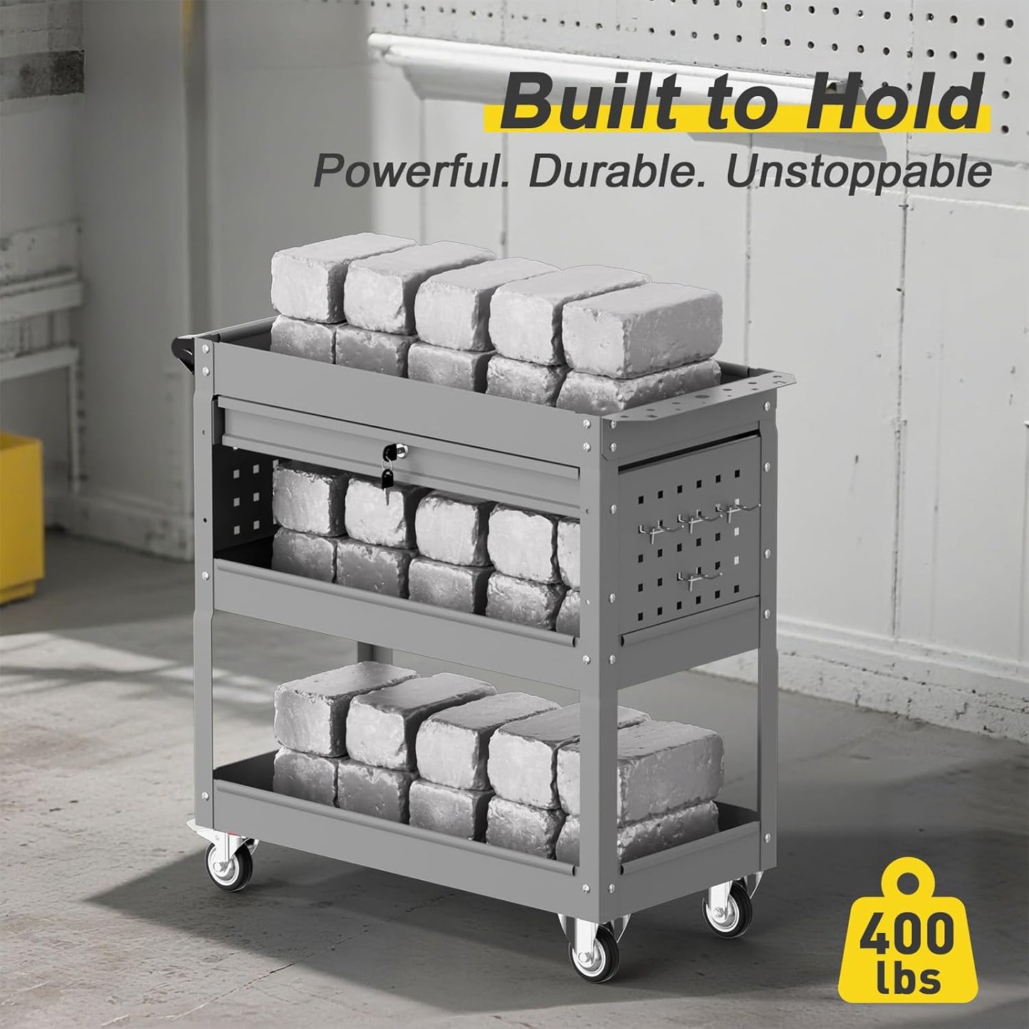 3-Tier Rolling Tool Cart with Drawers, Heavy Duty Utility Storage Cart with pegboard, Lockable Metal Tool Chest on Wheels for Garage, Warehouse & Repair Shop