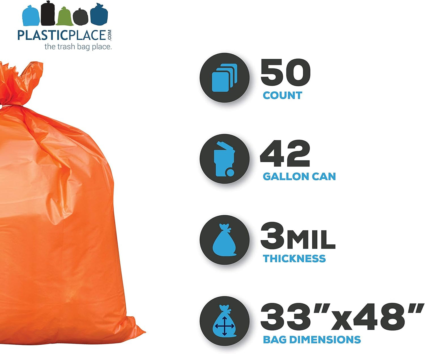 Plasticplace 42 Gallon Trash Bags |3.0 Mil | Orange Heavy Duty Contractor Trash Bags | 33" x 48", 50 Count (Pack of 1)