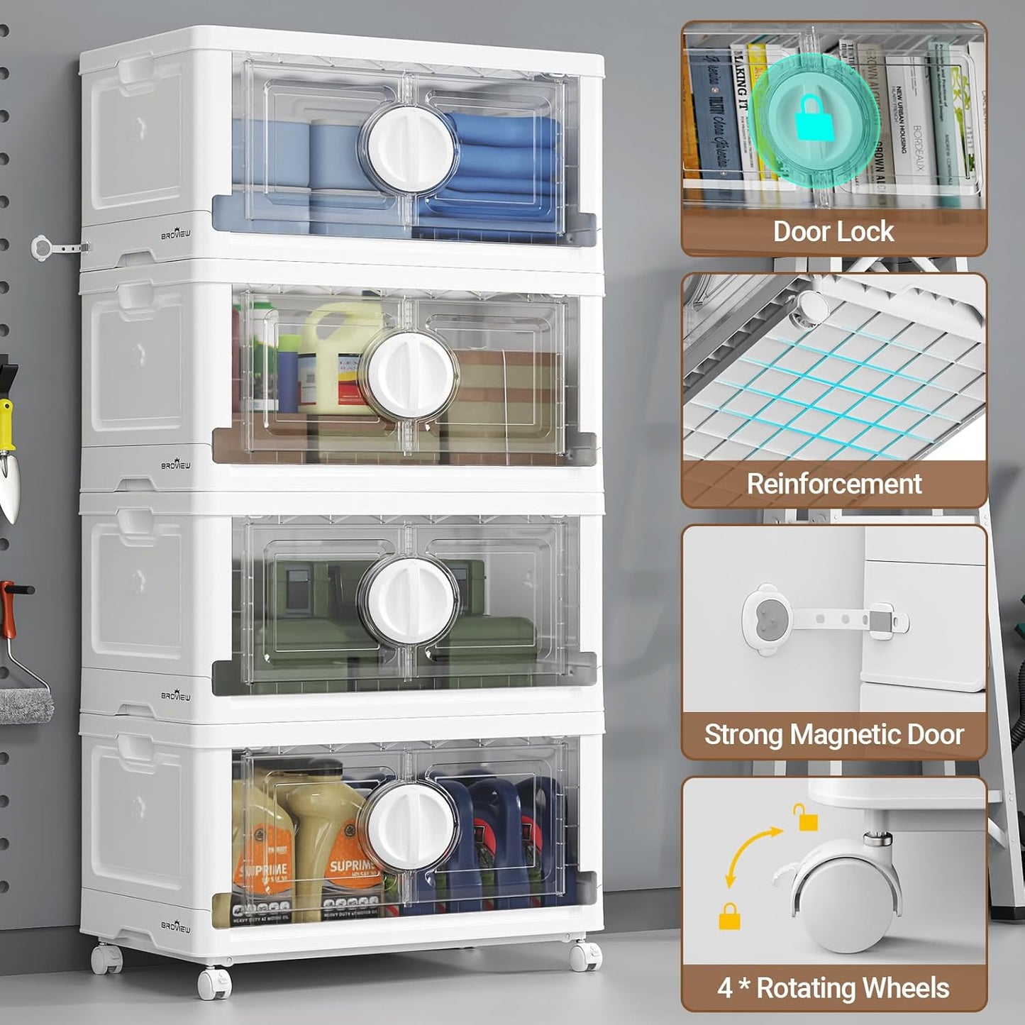 BROVIEW 360Qt Lockable Stackable Storage Bins with Lids, Closet Organizers and Storage Drawer, Collapsible Storage Bin with Wheels, Plastic Cabinet for Toy Clothes Dorm Organizer, V9 3 Pack White