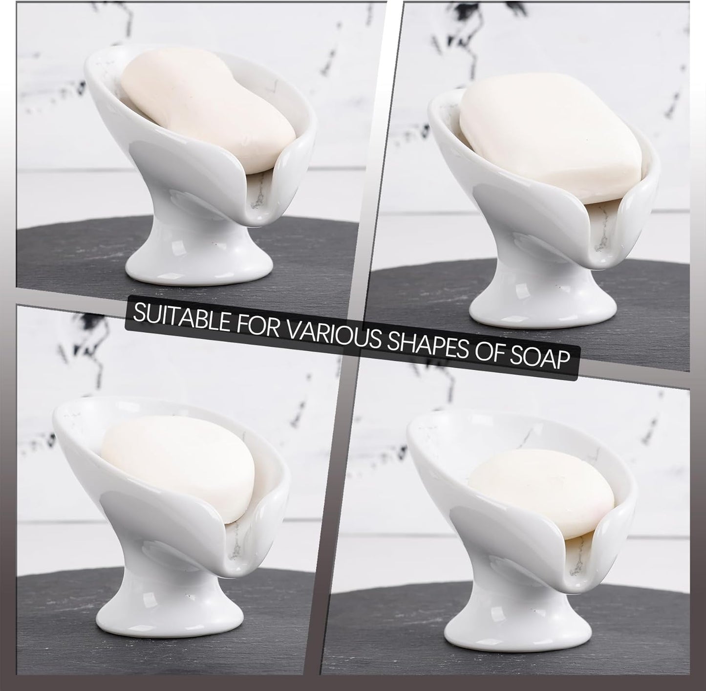Soap Dish Set, Self Draining Bar Soap Holder for Bathroom Sink, Leaf Shaped Drainage Soap Dish Ceramic Marble Porcelain Decorative Soap Dishes 2PCS, No Suction Cup, ANTIS'S HOME