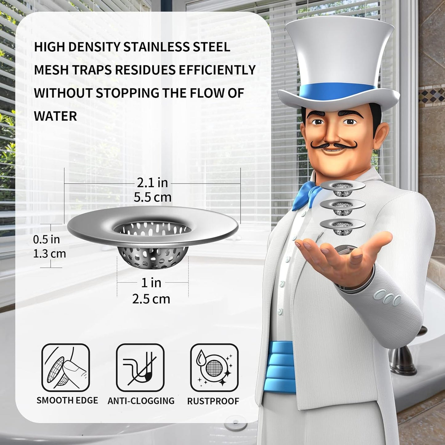 MR.SIGA Bathroom Sink Strainer, Utility, Slop, Bathtub Lavatory Sink Drain Strainer Hair Catcher, Stainless Steel Shower Drain Strainer, Outer Diameter 2.1 inch, Inner Diameter 1 inch, 3 Pack