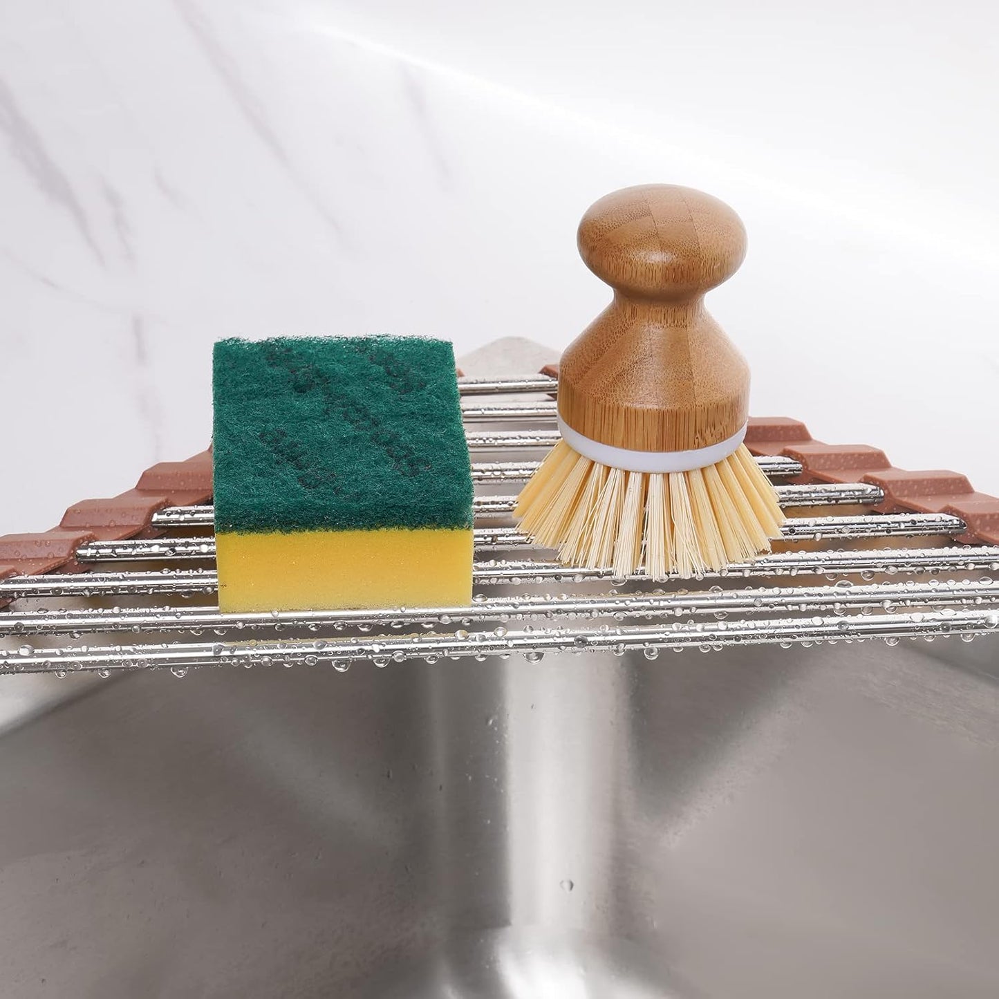 Tomorotec Triangle Roll-Up Dish Drying Rack for Sink Corner Small Foldable Stainless Steel Over The Sink Multipurpose Kitchen Drainer Caddy Trivet Rustproof Storage Shelf (Chocolate Brown)