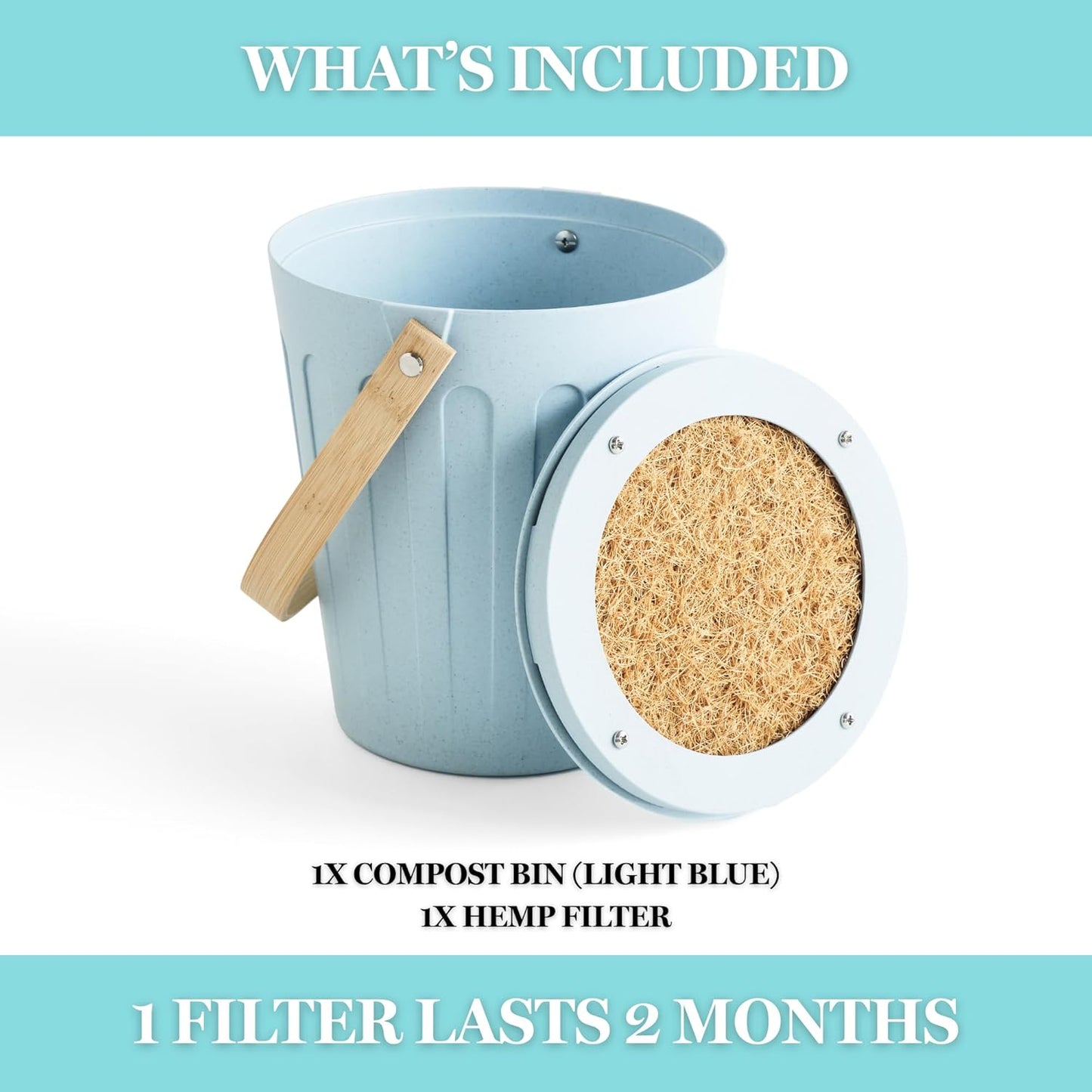 Martha Stewart Indoor Compost Bin | Countertop Composting Bucket for Kitchen | .7 Gallon Capacity | Includes Filter | Plant Based Materials | Light Blue