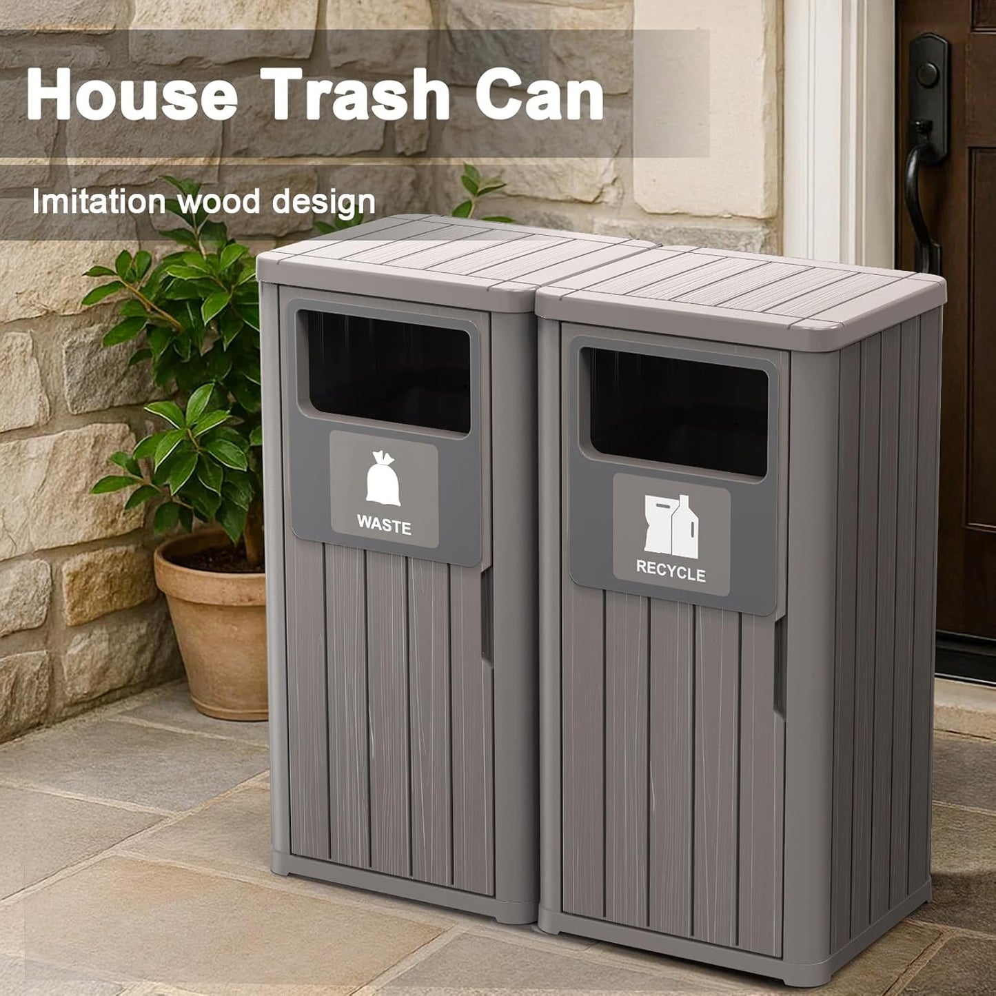 ROJIK 35" Tall Outdoor Trash Can,Weatherproof Resin Garbage Indoor Durable Lightweight,Suitable for Patio Office Kitchen,Easy to Clean,Assemble(Waste&Recycle,Grey)
