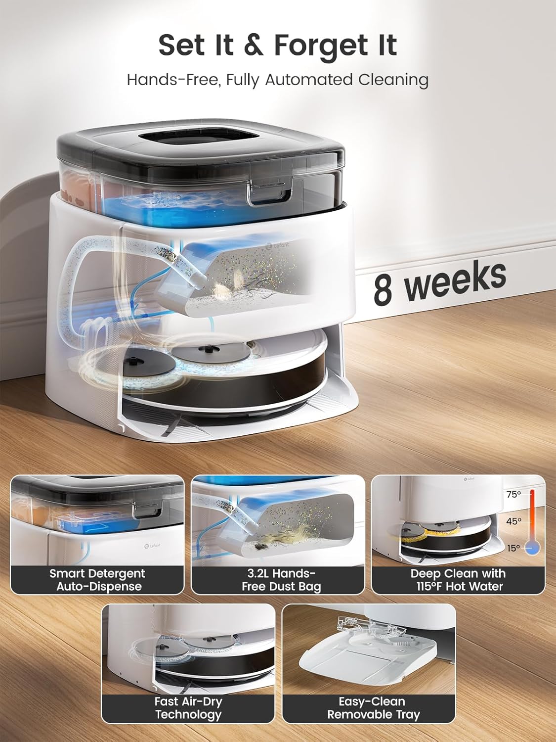 Lefant LiDAR Robot Vacuum and Mop, All-in-One Dock,56-Day Self-Emptying, 190° PSD Obstacle Avoidance, Customized Cleaning, 12000Pa Strong Suction, 220 Min Runtime, WiFi/Alexa/APP/iWatch, M3