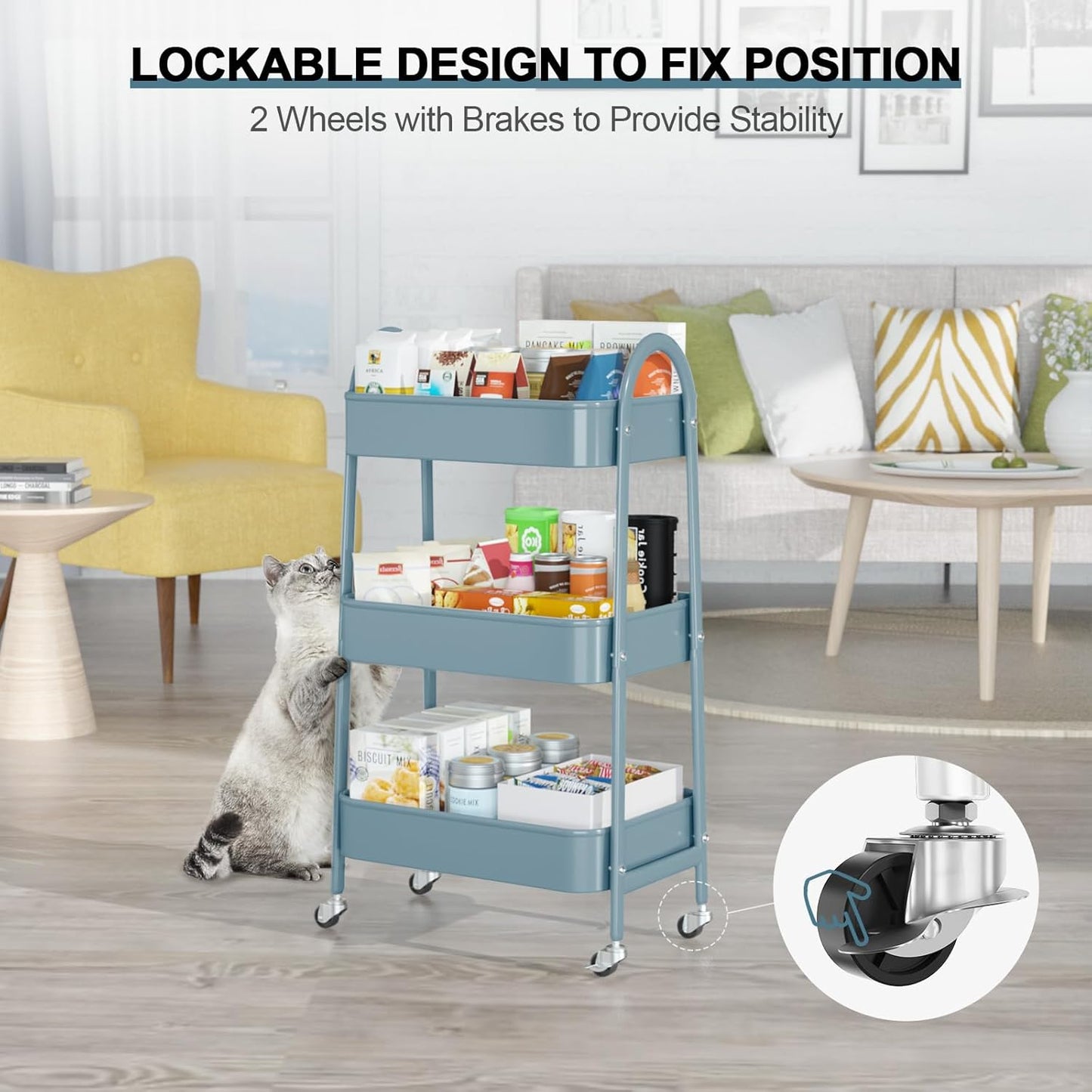 3 Tier Utility Rolling Cart, EAGMAK Metal Storage Cart with Handle and Lockable Wheels, Multifunctional Storage Organizer Trolley with Mesh Baskets for Kitchen, Living Room, Office, Garage (Blue)