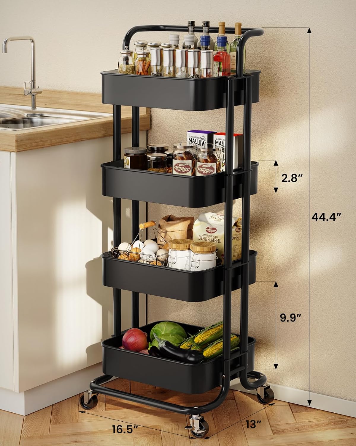 Pipishell 4 Tier Mesh Utility Cart, Rolling Metal Organization Cart with Handle and Lockable Wheels, Multifunctional Storage Shelves for Kitchen Living Room Office White, PIUC12W