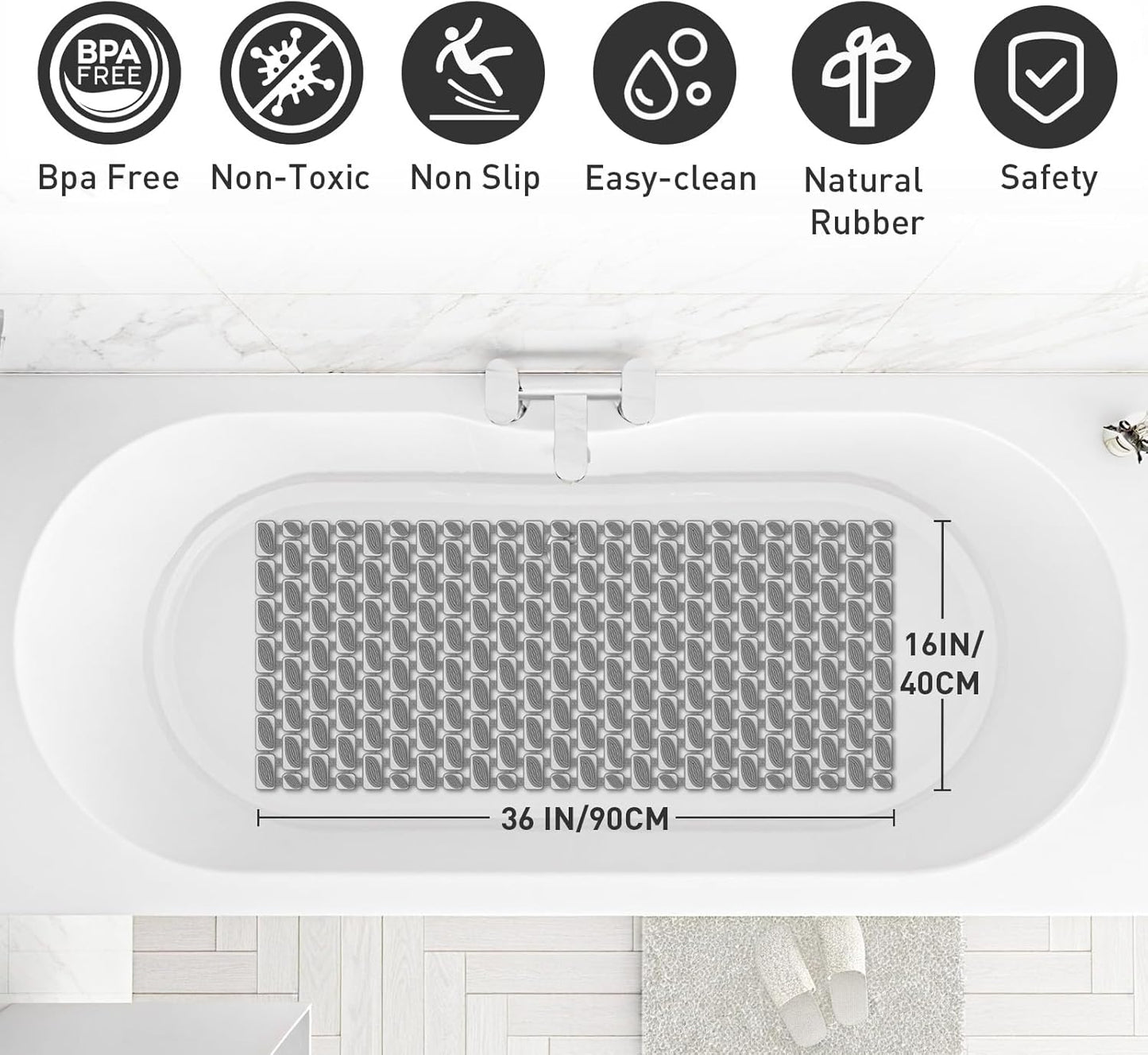 Bath Mat for Tub Non Slip Shower Mat for Elderly - 36 x 16 Inch Soft Durable Bathtub Mat Non Slip Shower Mat for Inside Shower with Suction Cups & Drain Holes, Machine Washable Easy to Cut, Dark Grey