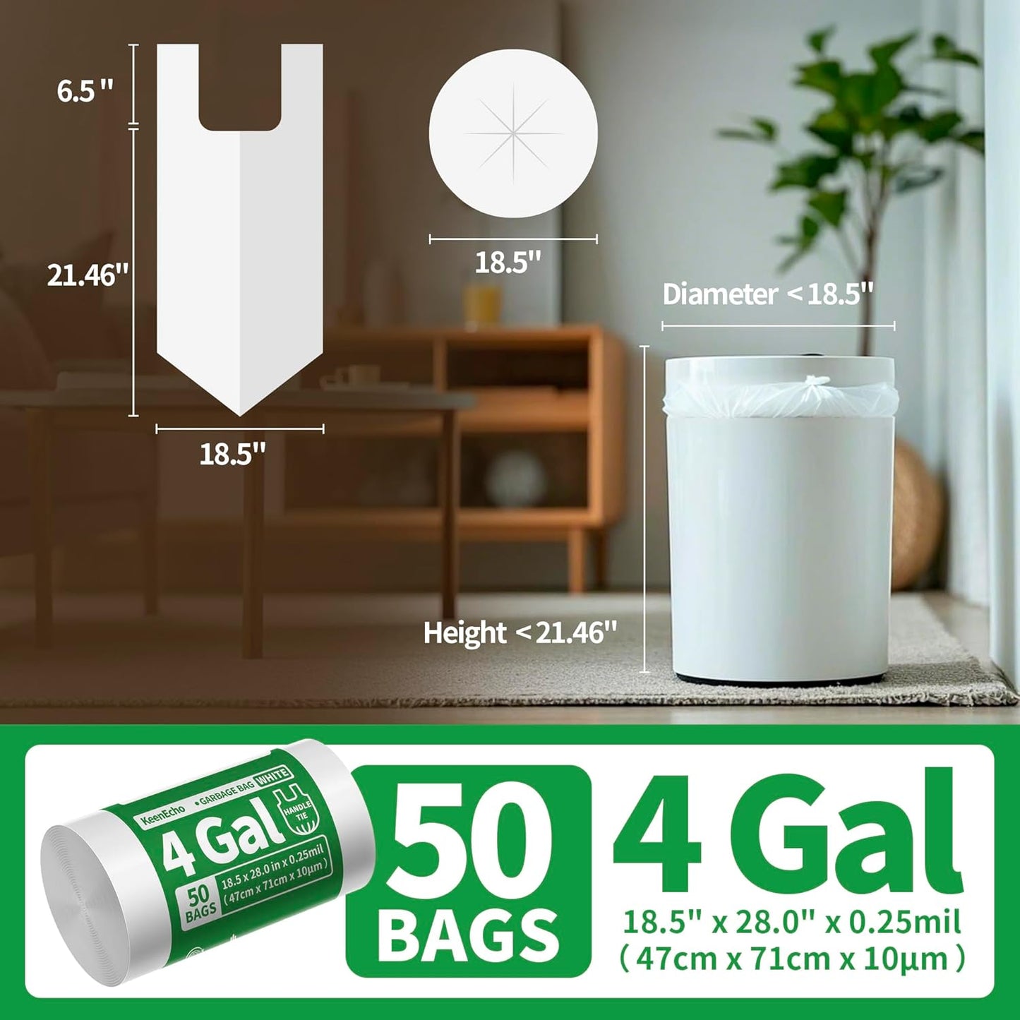 Small Trash Bags with Handles 4 Gallon 50 Count White - Ocean Plastic Upcycling - Plastic Garbage Bags, Can Bin & Waste Basket Liner for Kitchen, Bathroom, Office and Pets