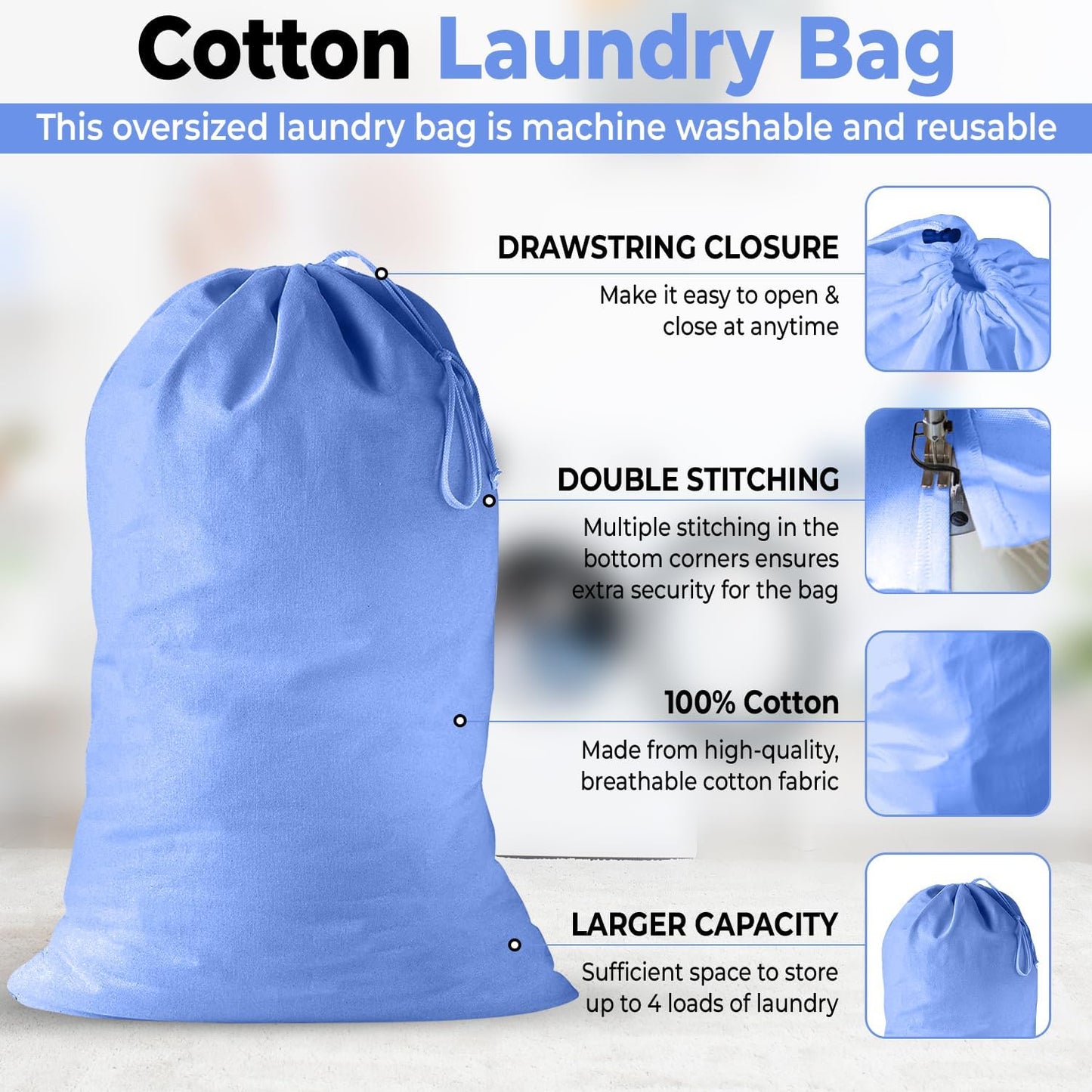 2 Pack - Extra Large Cotton Laundry Bag, Heavy Duty Large Laundry Bags 24 x 36 inch XL Drawstring Travel Organizer Bag Fit Hamper Basket Camp (BLUE, Pack of 2)