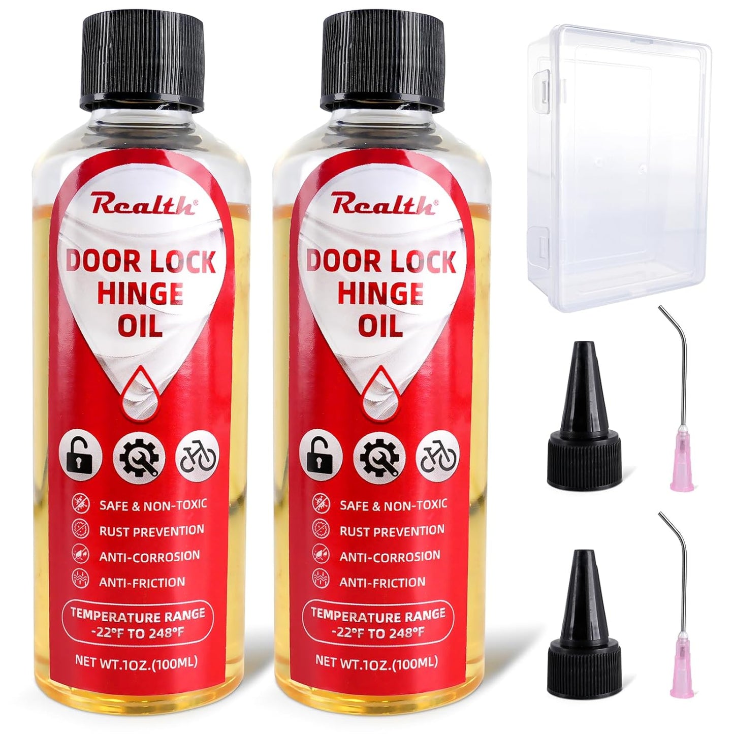 Realth Squeaky Door Hinges Lubricant -Garage Door Lube for Metal Parts, Locks, Chains, Keyholes - Long-Lasting, Non-Toxic, Rust-Resistant Liquid Oil with Precision Oiler Needle (100ml*2Pack)