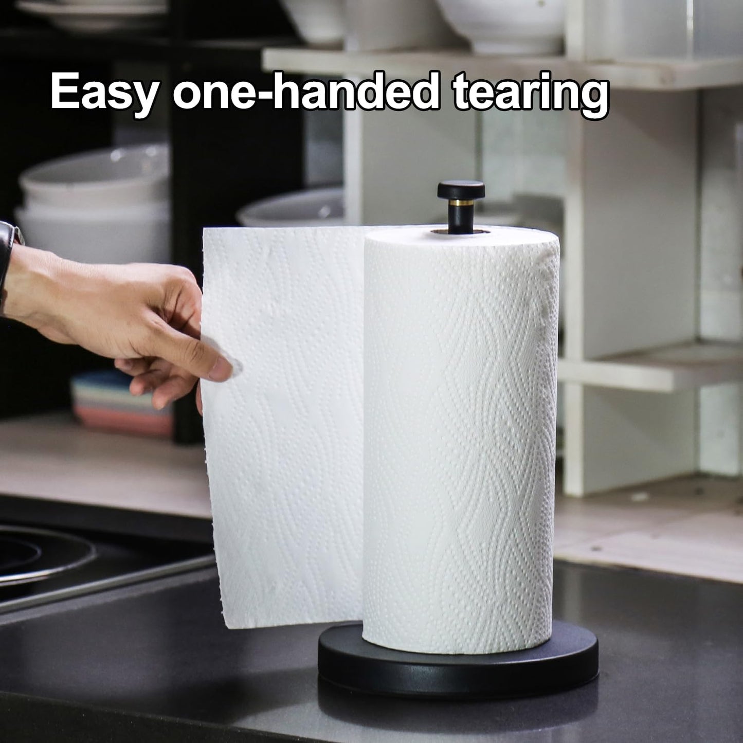 Paper Towel Holder Countertop, Standing Paper Towel Dispenser, Countertop Tabletop Non-Slip Kitchen Paper Towel Holder, Easy Tear Paper roll Holder Stand with Ratchet System