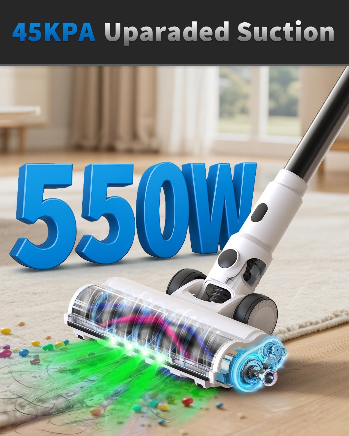 Cordless Vacuum Cleaner, 2 Batteries 110 Mins Runtime Vacuum Cleaners for Home, 550W 45KPA 15-in-1 Stick Vacuum with Charging Dock, Handheld Vacuum Cordless for Pet Hair Carpet Hardwood Floor