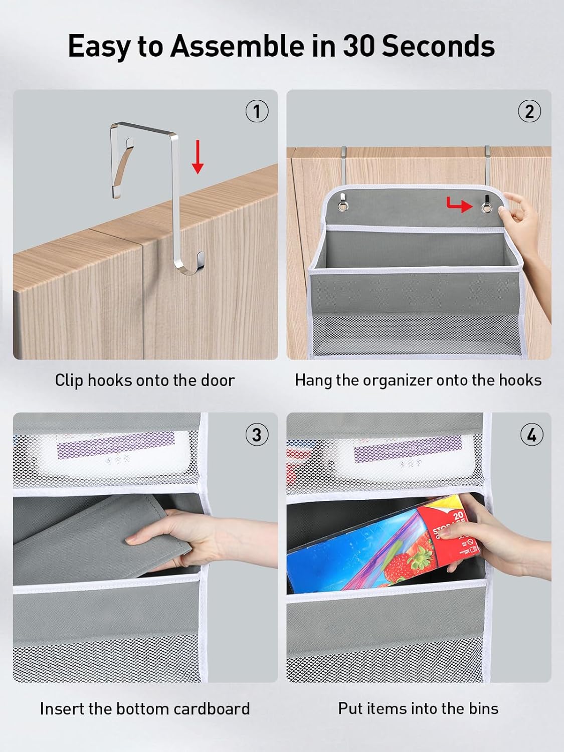 Yecaye 1 Pc Over the Door Organizer with 5 Bins 10 Side Pockets, 44lbs Load Hanging Bathroom and Bedroom Organizer, behind the Door Hanging Organizers for Nursery Newborn Baby Essential Stuff Grey