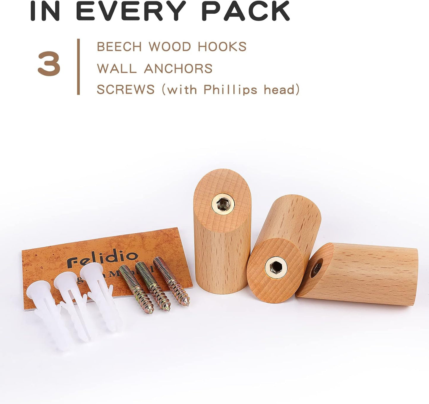 Wood Hooks, 3 Pack Wall Hooks Heavy Duty Rustic Coat Hooks Wall Mounted, Decorative Hooks for Hanging Coats Hats Towels Robes Hat Rack for Wall (Beech Wood)