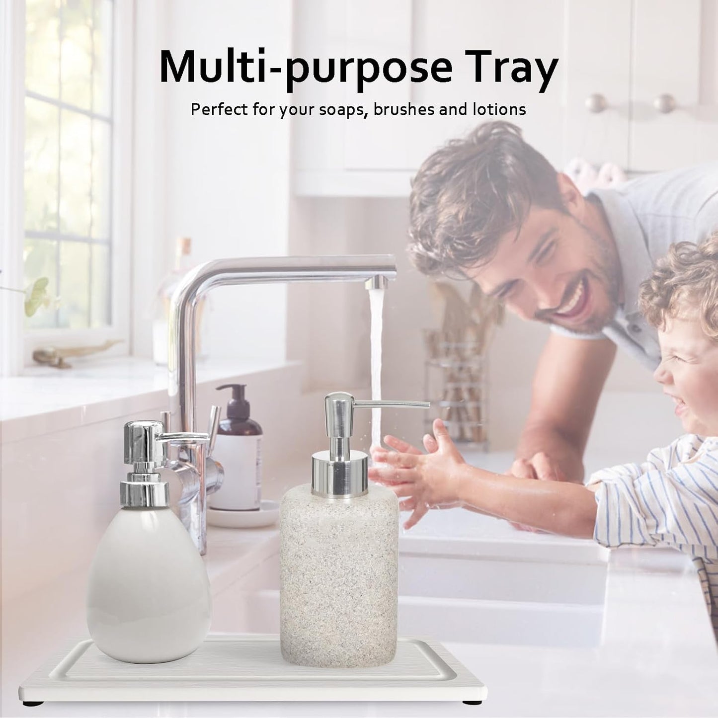 2 PCS Fast-Drying Stone Trays for Bathroom Sink & Kitchen Counter, Water Absorbing Diatomite Sink Coasters, Vanity Tray, Hand Soap Holder with Anti-Skid Pads (11" x 4.7" White)