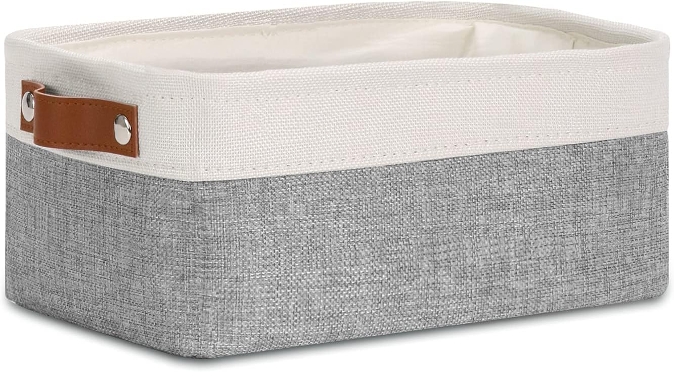 DULLEMELO Small Collapsible Fabric Basket for Organizing, Shelves, Closets, Laundry, Nursery, Decorative Gift Basket (White & Gray)