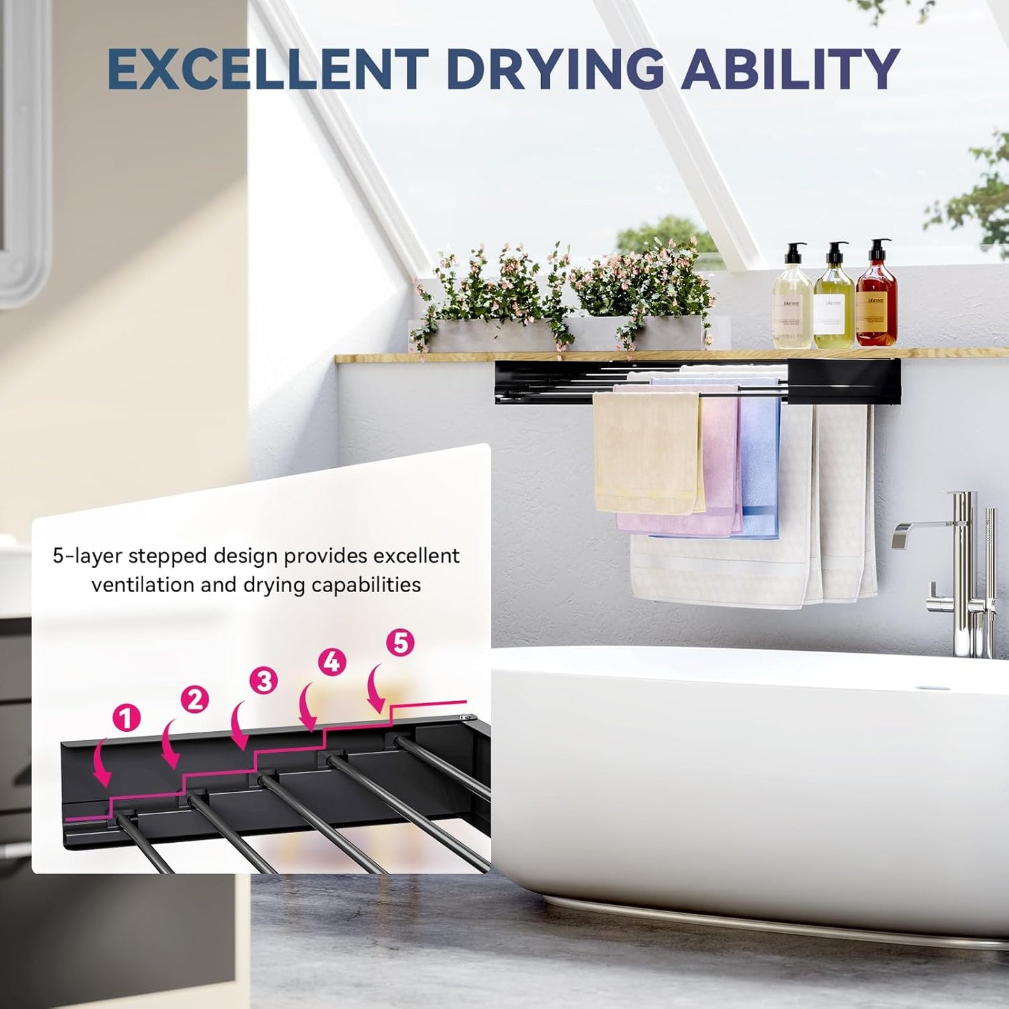 APEXCHASER Wall Mounted Clothes Drying Rack, Laundry Drying Rack Foldable, Towel Racks for Bathroom Balcony Laundry Room Wall Mounted, Collapsible Drying Rack for Clothing, 31.5", Black