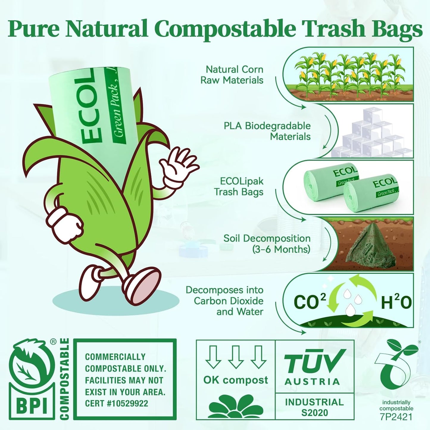 ECOLipak 13 Gallon Compostable Trash Garbage Bags, 100 Count (2 Rolls) Biodegradable Heavy Duty Bathroom Kitchen Trash Bags for Home/Office, US BPI ASTM D6400 and OK Compost Home Certified