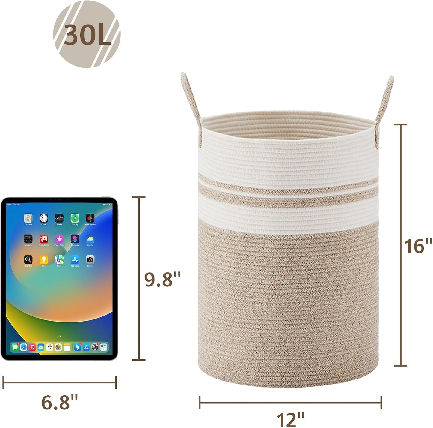 VIPOSCO Tall Laundry Hamper, Woven Rope Storage Basket for Blanket, Toys, Dirty Clothes in Living Room, Bathroom, Bedroom - 30L Brown & White