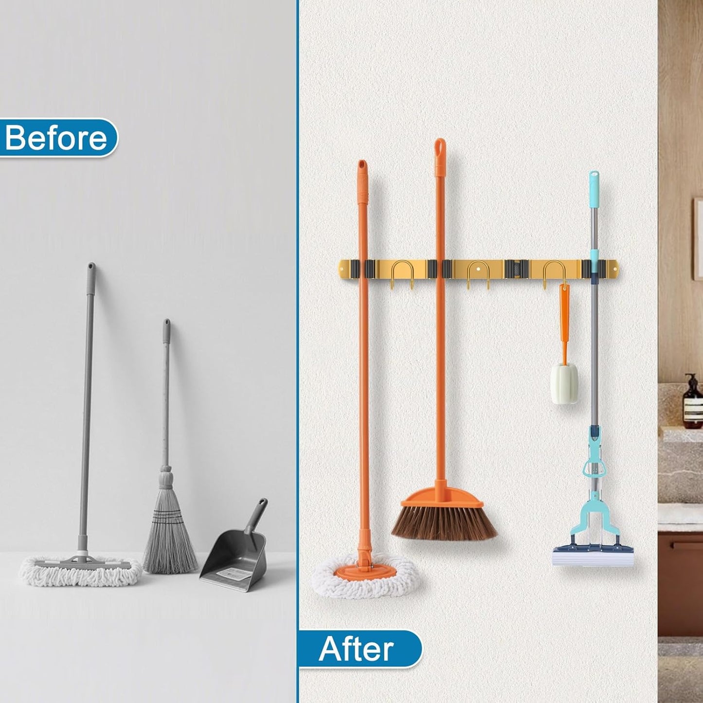 Mop Broom Holder Wall Mount, 2 Packs Gold Stainless Steel Tool Storage Organizer for Kitchen Garden Garage Laundry Room Bathroom and RV with 4 Slots 6 Hooks