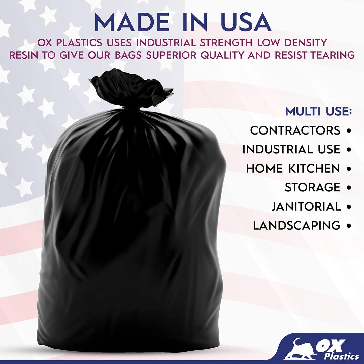 Ox Plastics Trash Can Liners Bags - 60 Gallon Capacity & 2mil Thick Extra Heavy Duty Strength - Large Garbage, Leak-Proof & Durable, House & Commercial Use Bags Black - 25 Count