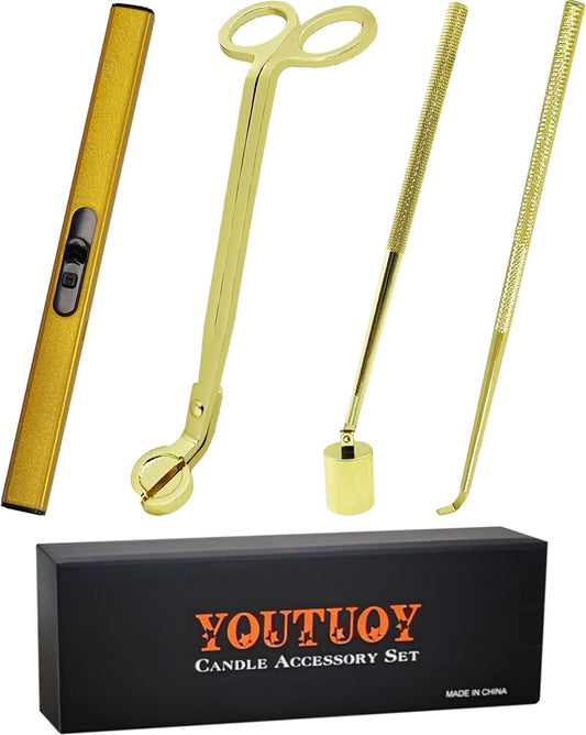 4 in1 Candle Accessory Set with Rechargeable Candle Lighter, Candle Wick Trimmer, Candle Wick Snuffer, Candle Wick Dipper, Candle Care Kit (Gold)