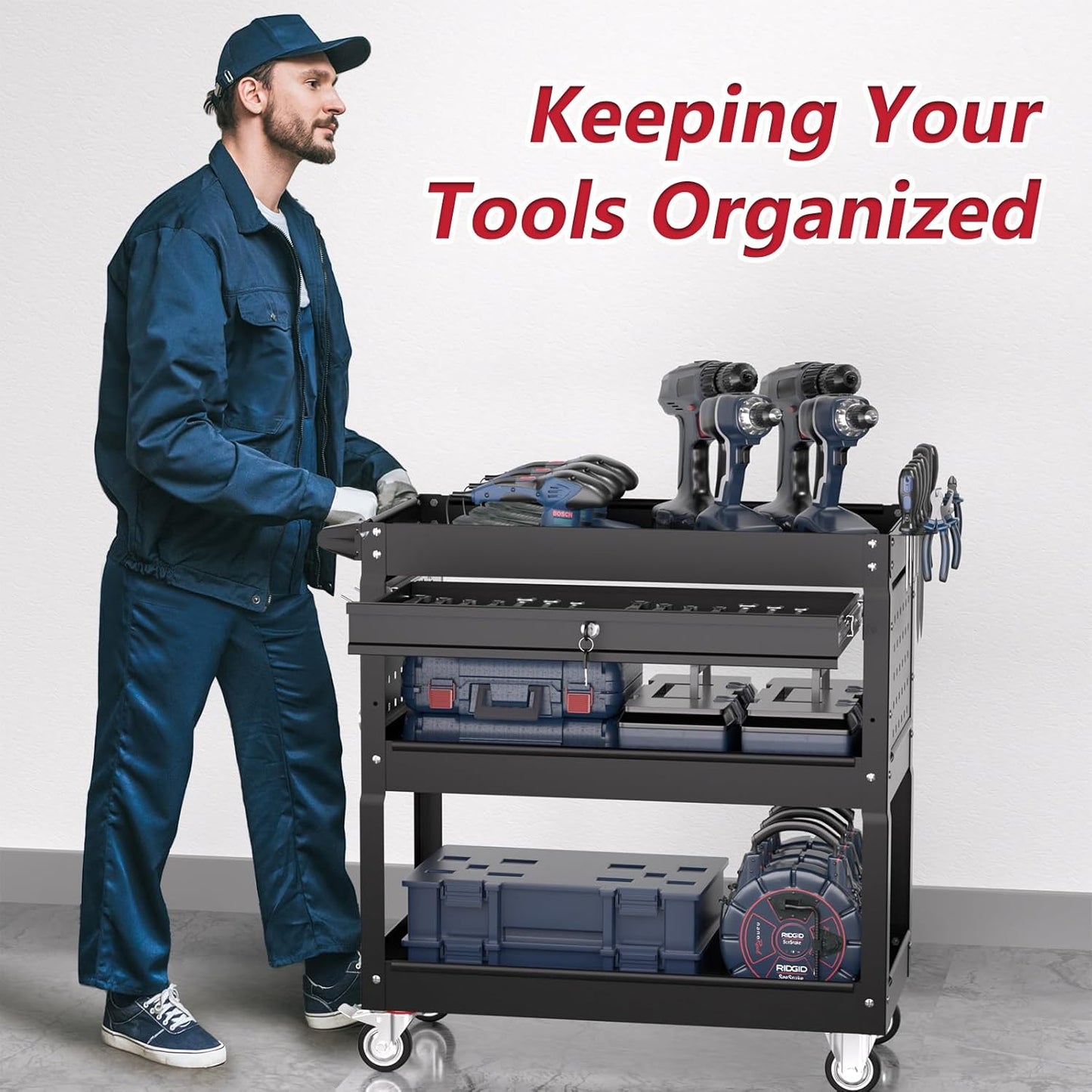 3 Tier Rolling Tool Cart on Wheels, Heavy Duty Service Cart Industrial Utility Cart with Drawer and Screwdriver Rack Pegboard, 550 LBS Mobile Tool Storage Organizer for Garage, Workshop(Black)