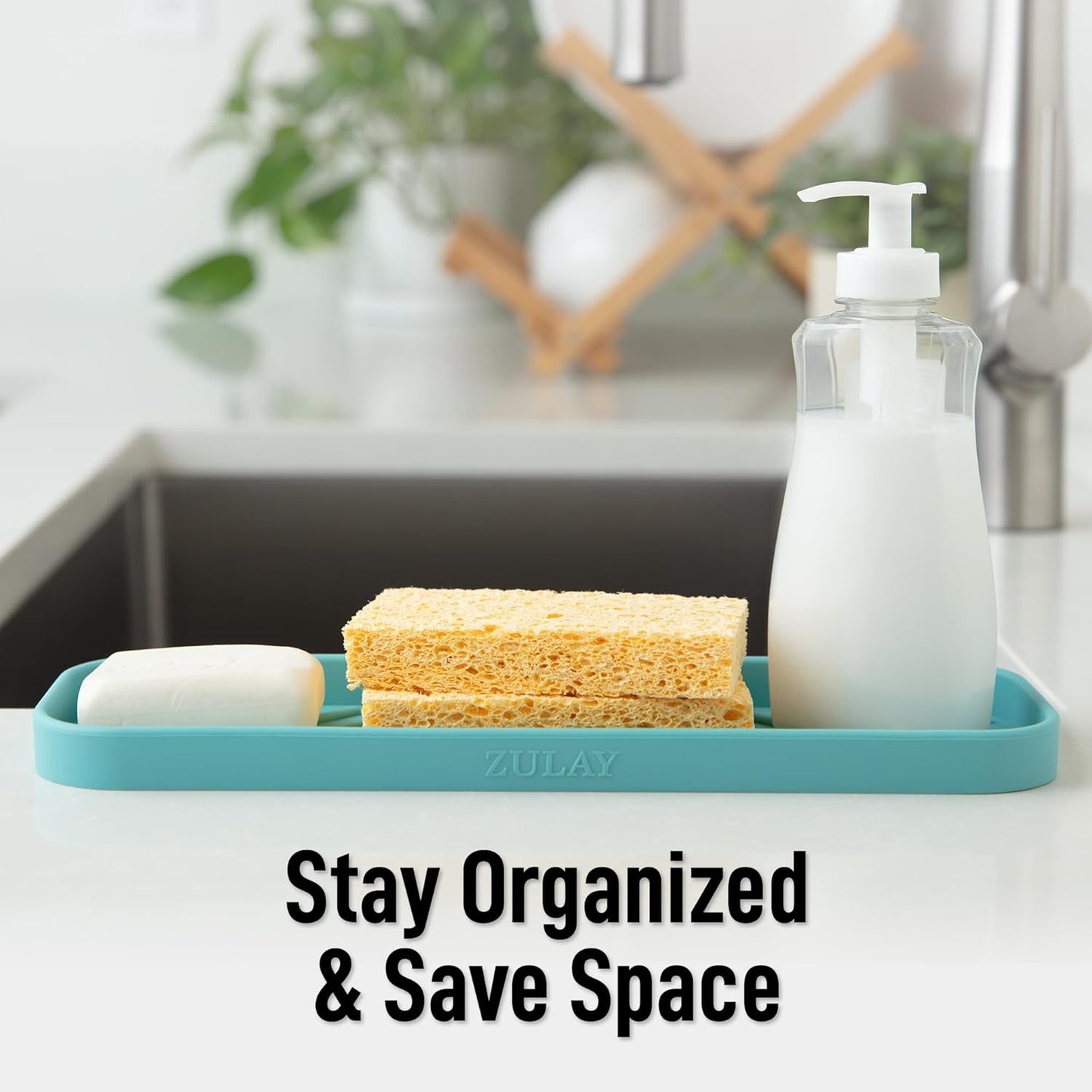 Zulay Kitchen Large Silicone Sponge Holder (12x4) – Flexible Sink Organizer Tray for Kitchen & Bathroom – Multipurpose Soap Dish for Sponges, Makeup, Trinkets & More (Aqua Sky)